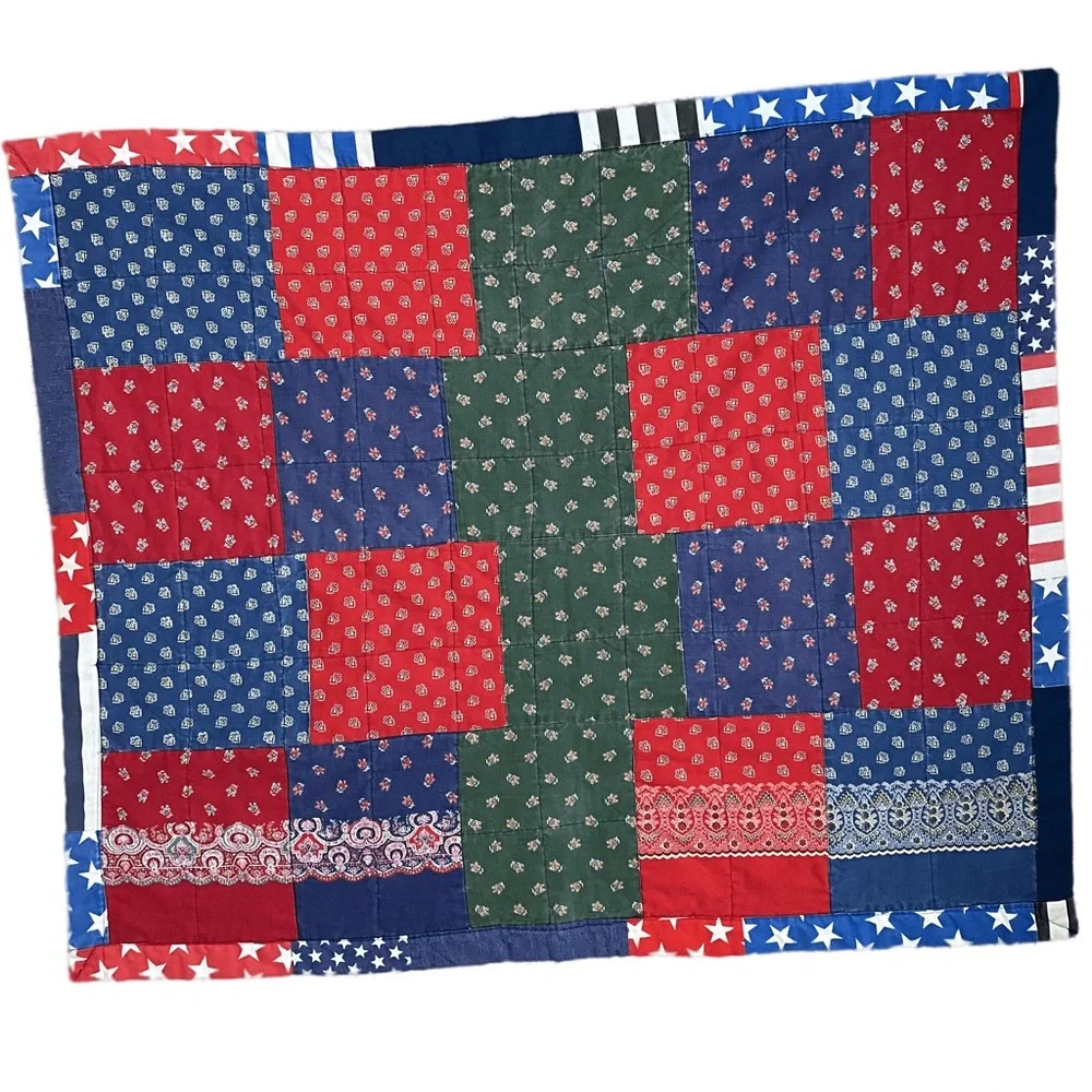 60’s 70’s Patchwork Quilt Vintage Hand Crafted Patriotic Boho Farmhouse Cottage